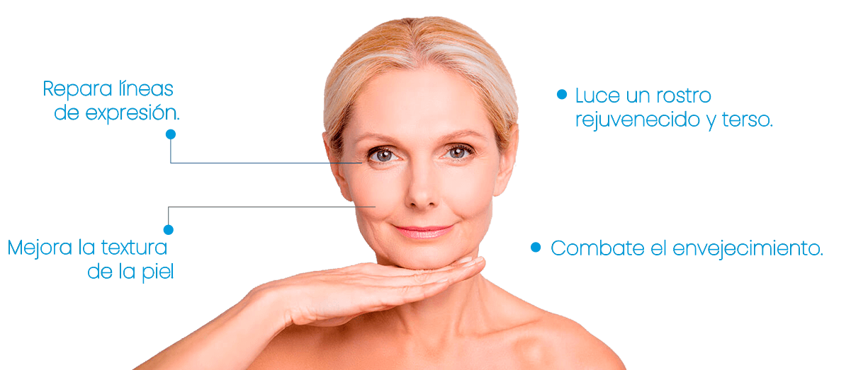 Repara líneas de expresión, Mejora la textura de la piel, Luce un rostro rejuvenecido y terso, Combate el envejecimiento.